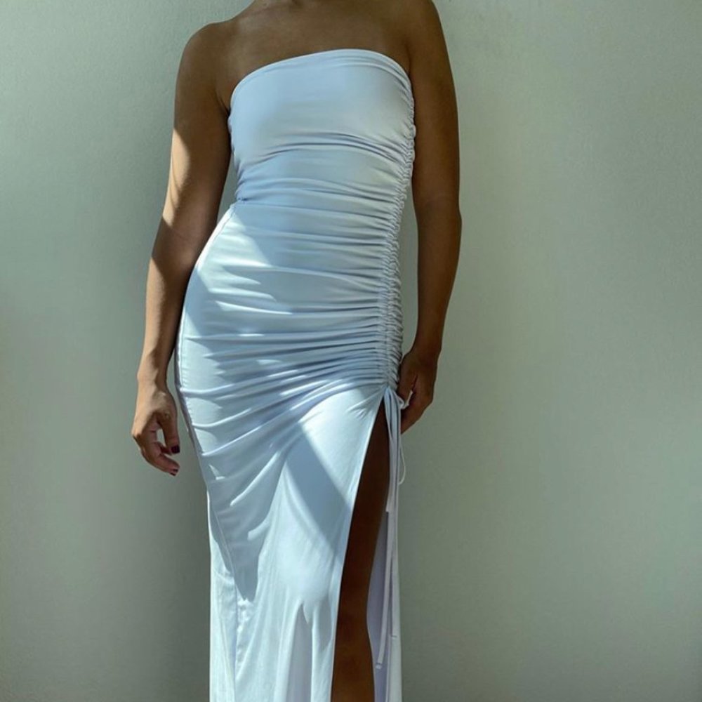 MARGA - WHITE SLINKY RUCHED MAXI DRESS